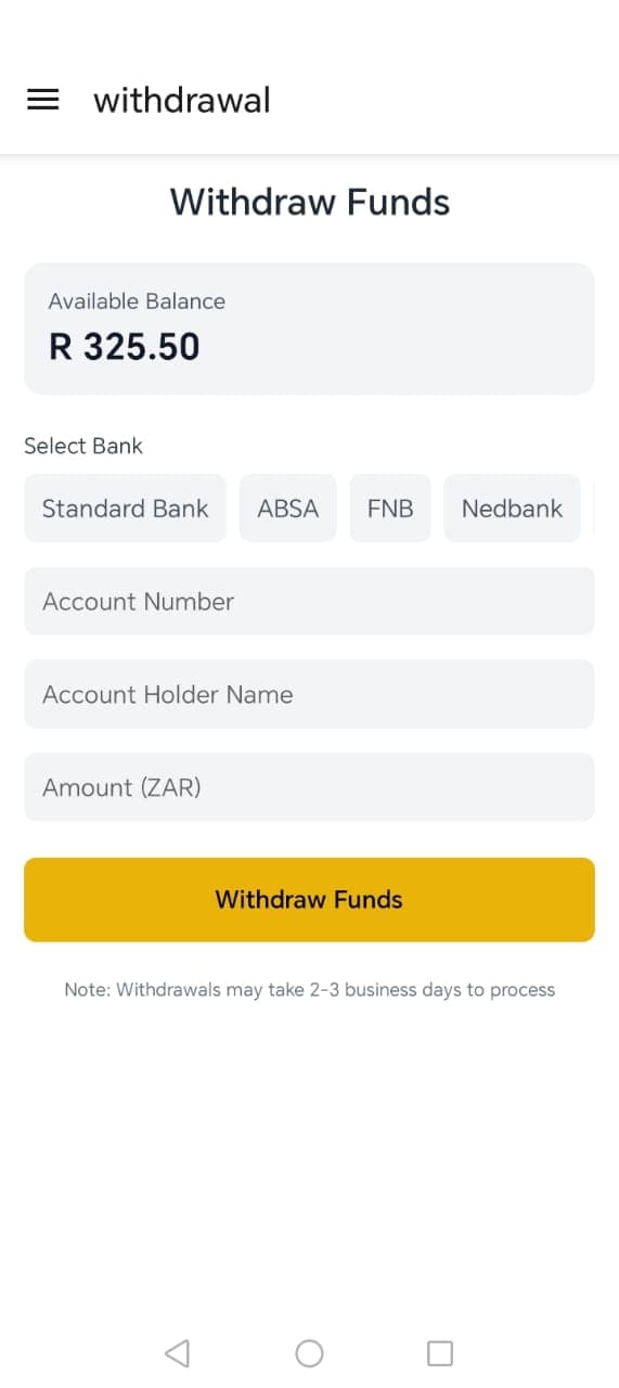 Mobile app payment screen showing transaction options